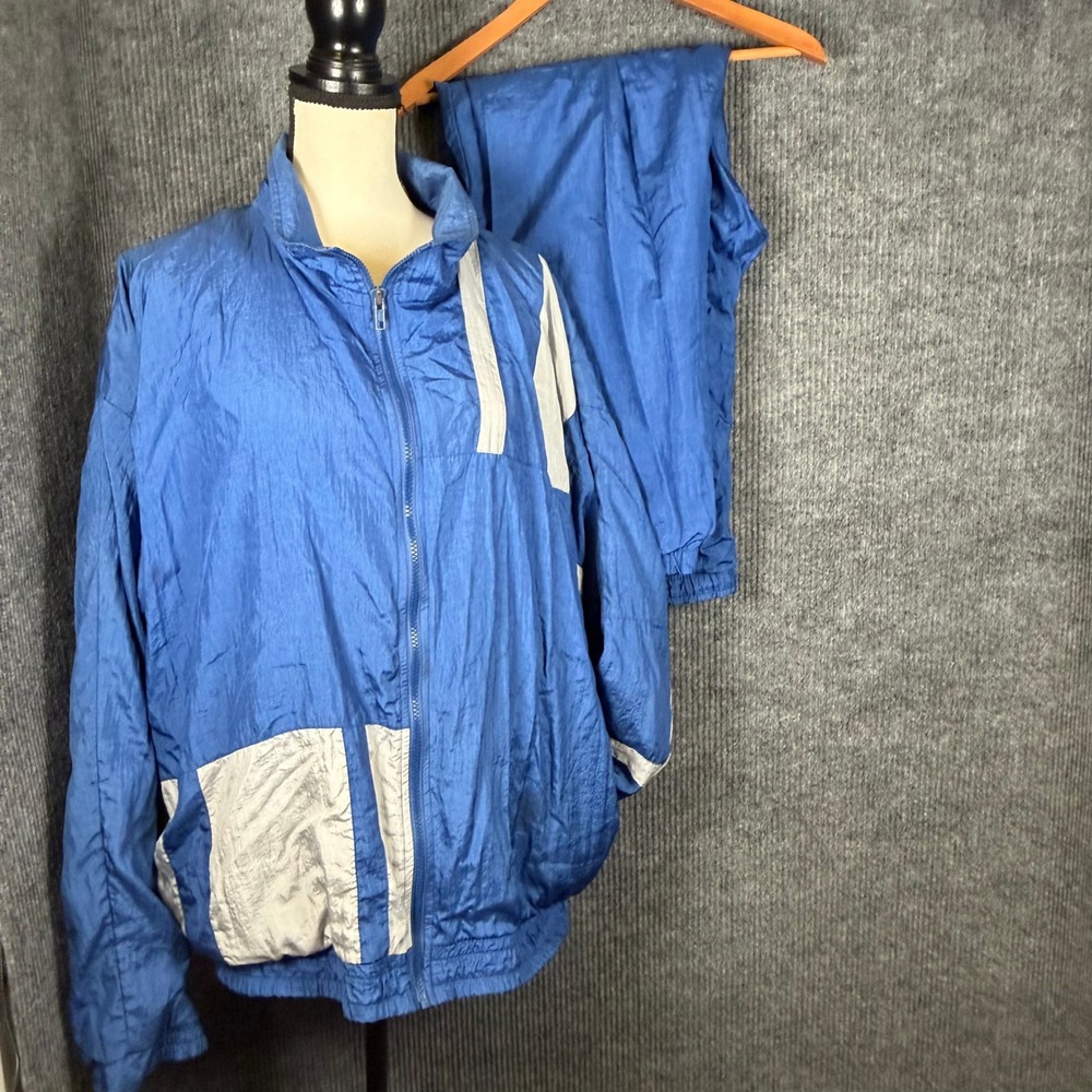 Roundtree & Yorke Men XXL Blue Silver Windbreaker Track Suit 2 Piece Vintage 90s